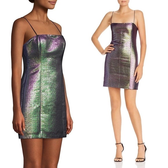 NWT LIKELY 90s Square Neck Sleeveless Color Shift Lurex Mini Slip Sheath Dress 6 - Picture 3 of 11
